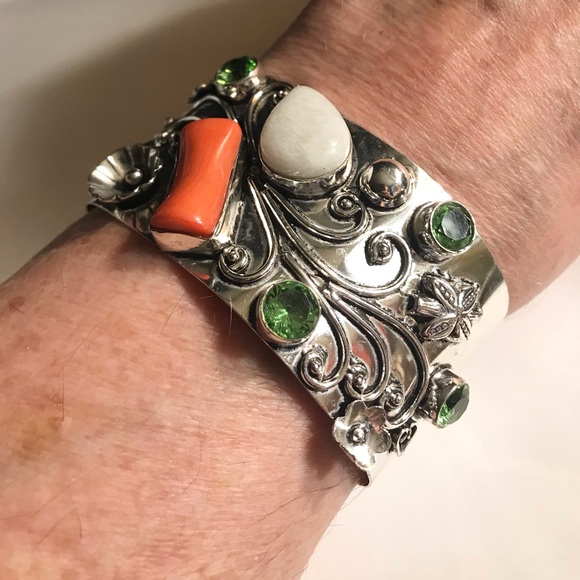 Coral Peridot Moonstone 925 Sterling Silver Cuff Bracelet - Picture 3 of 4